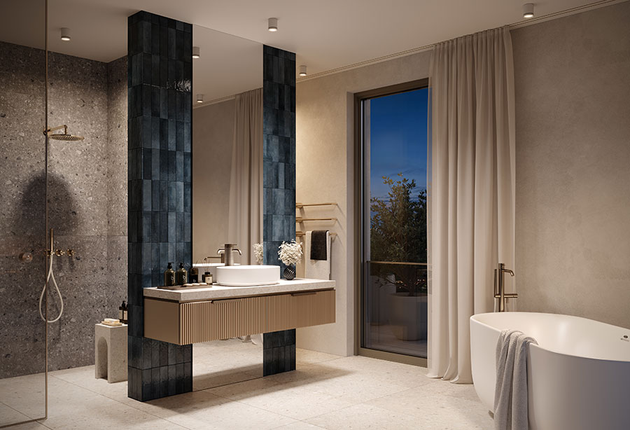 Bad mit klarer Ästhetik – Riverside Living Pfaffendorf